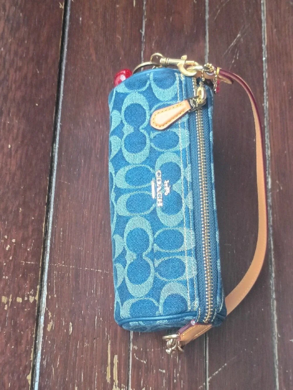 Coach Blue Denim Signature Cylinder Wristlet with Tan Strap